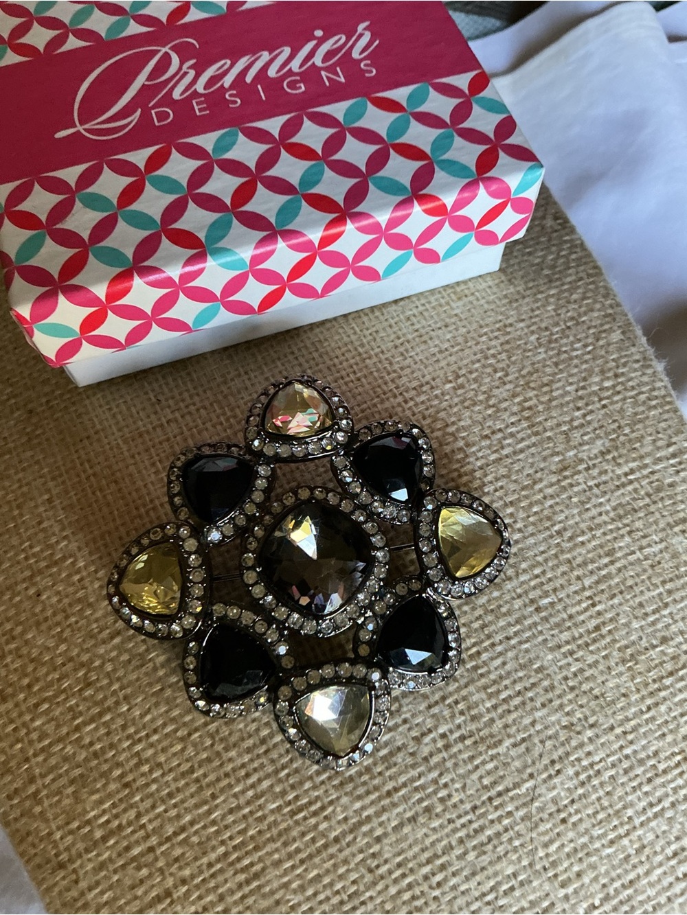 Premier Designs Black and Champagne Crystal Floral Brooch